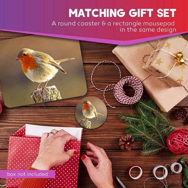 Rectangle Mouse Mat & Round Coaster Set - Robin Redbreast