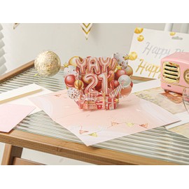 Liif Happy 21st Birthday Card, Birthday Card For 21 Years Old For Girl, Daughter, Granddaughter, Niece | Age Twenty-One - Pink Balloons Celetration | With Message Note & Envelop | Size 7 x 5 Inch