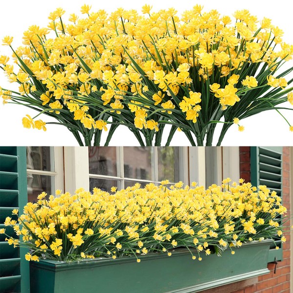 HAPLIA 24 Bundles Artificial Flowers, Fake Artificial Greenery UV Resistant No Fade Faux Plastic Plants for Wedding Bridle Bouquet Indoor Outdoor Home Garden Kitchen Office Table Vase (Yellow)