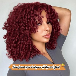 quesdom Short Curly Wigs Burgundy Afro Curly Soft Hair Wig Synthetic Fiber Kinky African American Wig with Bangs for Black Women(39A,Burgundy)