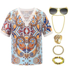 Men's 70s Hippies Costume Vintage Disco Outfit Short Sleeve 6-Piece Set with Glasses Necklace Bracelet Ring L