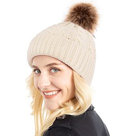 Simplicity Women's Winter Hand Knit Faux Fur Pom Pom Beanie for Women Hat, Cream