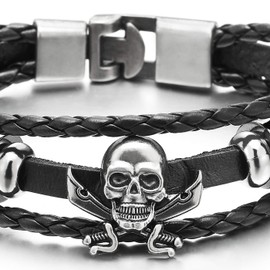 COOLSTEELANDBEYOND Klinge Piraten Schädel Multi-Strang Leder-Armband Wickeln Schweißband Damen Herren Armband Schwarz Geflochtenes Leder