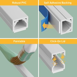 D-Line 13.12ft Cable Raceway, Self Adhesive Cord Cover, Hide 1x Cord, Paintable - 4X 0.4in x 0.31in (H) x 39in Lengths - White