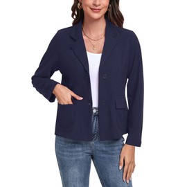 YOUNIFIZ Women's Long Sleeve Blazer Button Front Notched Lapel Jacket Casual Work Office Blazers with Pockets, Navy Blue