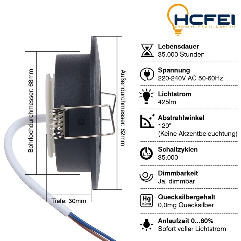HCFEI LED Recessed Spotlight, Dimmable, Black, Swivelling, 5 W, Flat,