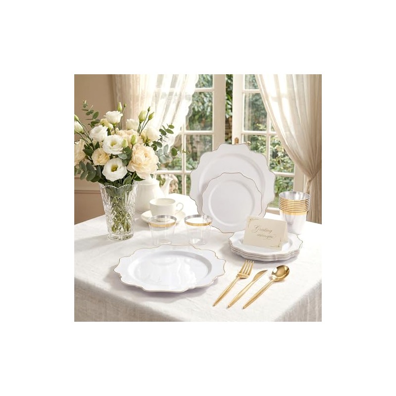WDF 350PCS White and Gold Plastic Plates - Gold Plates