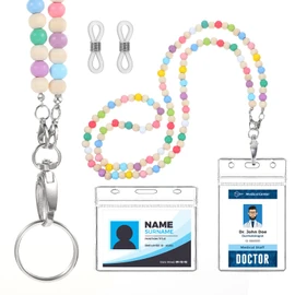 Pack of 2 ID Card Holder with Strap Lanyard with ID Card Holder Badge Holders Colourful Lanyard with Beads Extendable Key Ring Badge Holder for Women, Keys, Glasses Chains, Card Holder