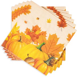 50Pcs Fall Cocktail Napkins, Thanksgiving Square Paper Dinner Napkins Disposable, 6.5" Autumn Pumpkin Maple Leaf Luncheon Hand Towels for Picnic, Baby Shower, Birthday, Wedding, Harvest Party
