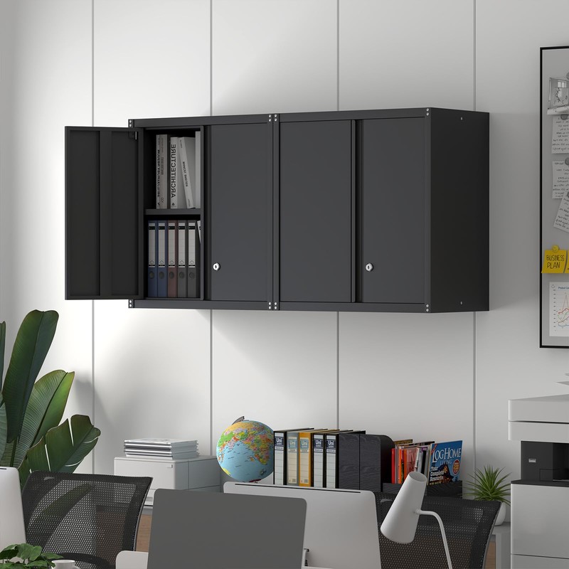 IRONFFICE Metal Storage Cabinet,Garage Wall Cabinets with Locking Doors,Black Metal