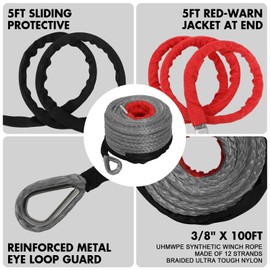 ZESUPER 3/8" x 100ft Synthetic Winch Rope Dyneema 12 Strand Winch Cable Car Tow Recovery Cable Winch Line Recovery Kit Winch Replacement Cable 26500 lbs for 4WD Off Road Vehicle Truck SUV Jeep(Gray)
