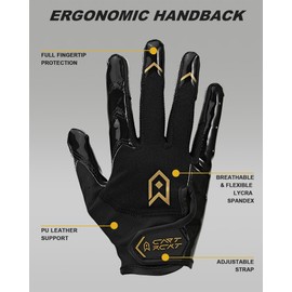 CAPT RCKT Youth Football Gloves, Kids Receiver and Flag Football Gloves for Boys and Girls (Black Gold, Youth S)