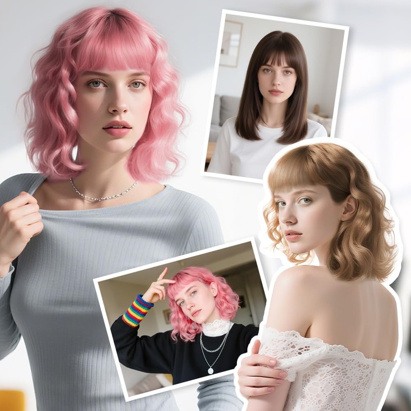 Short Curly Pink Bob Wig with Bangs, Wavy Hair Synthetic