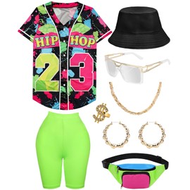WILDPARTY 80s 90s Outfit for Women Baseball Jersey Shirt Shorts Fanny Pack Retro Party Costume Repper Accessories 1990s 1980s Neon Clothes BlackGreen L