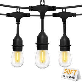 GLOBELIT 50FT Outdoor String Lights Waterproof IP65 Patio Lights with 15+1 S14 LED Edison Shatterproof Bulbs Dimmable Warm 2700K String Lights for Outside Porch,Bistro,Backyard