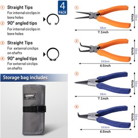 WISEPRO Set of 4 Precision Circlip Pliers, 7-inch Snap Ring Pliers for Intemal Circlips in Bore Holes and Extemal Circlips on Shafts, with A Storage Pouch (2 Blue+2 Orange)