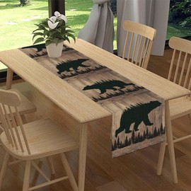 Rustic Bear Table Runner, Brown Retro Wild Bear Wood Plank Vintage Stars Cabin Country Style Pine Forest Farmhouse Kitchen Dining Table Scarf for Kitchen Living Room Home Party Decor 13"x36"