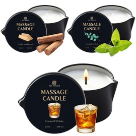 3 Pack Massage Oil Candles 2.35oz Low Temp Massage Candle Wax Spa Therapy Body Oil Valentines Gifts for Relaxation, Couples, or Self-Care (2.35 oz, Eucalyptus Mint, Cedar Sandalwood, Caramel Whisky)