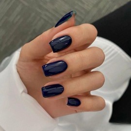 KQueenest Navy Blue Press On Nails Almond Square Coffin Nails for Sticking Short, Shiny Jelly Gel Fake Nails Fingernails for Sticking Ballerina, Plain Acrylic False Nails for Women, Pack of 24