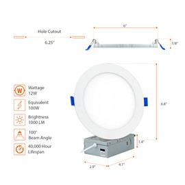 PROCURU 4-Pack 6-Inch 2700K-6000K 5CCT 12W LED Color Selectable, Heavy Duty Ultra-Thin Recessed Ceiling Downlight, Dimmable, White Trim (VSL6-5W-4P)
