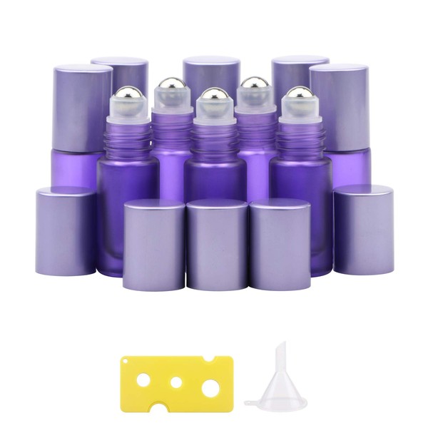Kesell 10pcs Essential Oil Roll-on Bottles with Aluminum Cap, 5ml Frosted Purple Glass Roller Bottle Small Perfume Bottles Container, Stainless Steel Roller Balls Vials for Aromatherapy