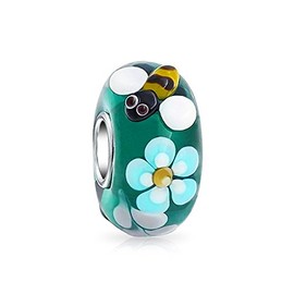 Teal Silver Bee Flower Lamp work Murano Glass .925 Sterling Silver Core Spacer Bead Fits European Charm Bracelet For Women