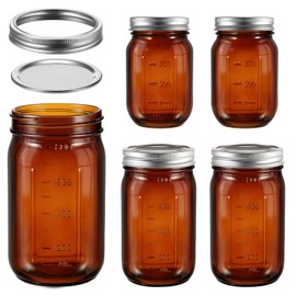 4 Pcs Amber Glass Mason Jars Set (2 x 16oz + 2 x 32oz) Glass Mason Jars Amber Canning Container Set Embossed Fermenting Container with Airtight Lids for Canning Preserving Beverages