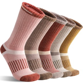 Merino Wool Hiking Socks for Women Men Warm Thermal Winter Cozy Work Crew Socks Gifts Stocking Stuffers 5 Pairs（Brown/Crimson/White/Yellow/Red,L)