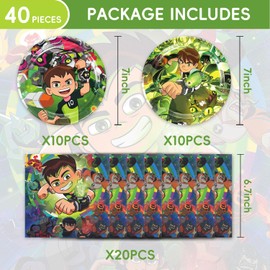 40Pcs Ben-10 Party Supplies include 20 plates, 20 napkins for the Ben birthday party decoration (Ben-10)