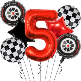 Race Car Birthday Party Decorations - 40 Inch Mylar Red Number 5 Balloons - Black Foil Checkered Race Car Balloons for 5st Birthday Race Cars Themed Party Decorations