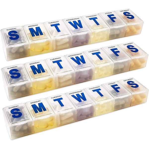 Weekly Pill Organizer - 7-Day Pill Planner Extra Large Pill Planner and Daily Pill Organizer and Medicine Reminder, Monday to Sunday Compartments - BPA Free - Travel Pill Box Case (Pack of 3)