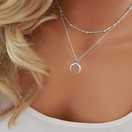 Yienate Bohemia Multilayer Necklace Trendy Crescent Moon Pendant Pearl Choker Chain Boho Jewellery for Women and Girls (Silver)