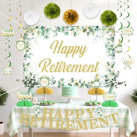 JOYMEMO Greenery Retirement Party Decorations for Women Men, Happy Retirement Backdrop Banner, Hanging Swirls, Honeycomb Centerpieces, Sash, Paper Pom Poms for Farewell Going Away Goodbye Party