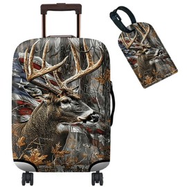BWEGRHE Luggage Cover Suitcase Protector + Luggage Tag, Camo Deer Flag Travel Suitcase Cover for 18-20 inch Luggage (S) with Concealed Zipper Washable Elastic Cloth Dustproof Anti-Scratch