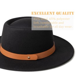 EOGIMI Lady Retro Wide Brim Fedora Floppy Pork Pie Hat with Belt Buckle Black