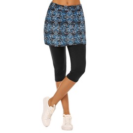 Ekouaer Skirted Leggings for Women Tennis Golf Skorts Capris Gym Yoga Legging with Skirts Blue Floral