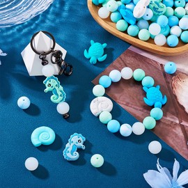 FASHEWELRY - Juego de 72 cuentas de silicona con temática oceánica para hacer pulseras de goma azul a granel, concha de tortuga, caballito de mar, océano, animales, cuentas focales redondas para
