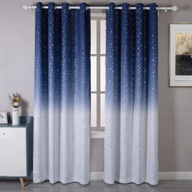 DriftAway Ombre Linen Textured Gradient Color Lined Blackout Grommet Window Curtains for Living Room Bedroom 2 Panels 52 Inch by 84 Inch Navy Blue to White with Twinkle Silver Stars