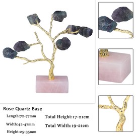 SUNYIK Fluorite Healing Crystal Money Tree on Natural Polished Rose Quartz Base, Jewelry Tree Stand Display Necklace Earrings Holder Organizer