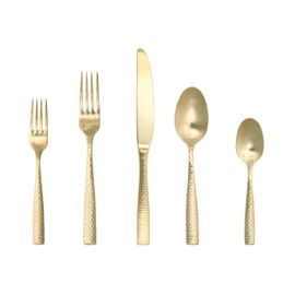 Fortessa Lucca Faceted 18/10 Stainless Steel Flatware, 5 Piece Place Setting, Service for 1, Brushed Gold