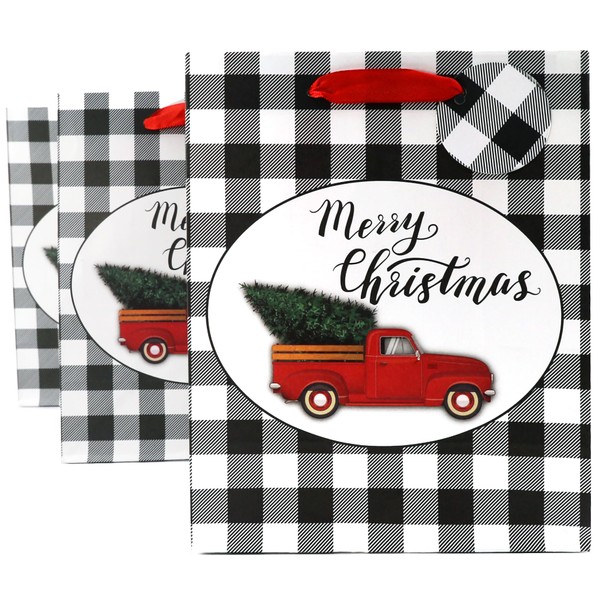 Iconikal Medium Size Christmas Gift Bags, White Buffalo Plaid with Red Truck, 10-Count Set