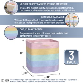 NaturalCozy Storage Cubes 11 Inch Cotton Rope Woven Baskets for Organizing, 3-Pack | Cube Storage Bin | Square Storage Baskets for Shelves Organizer, Classroom, Kids Toy Bins, Closet, Baby Nursery