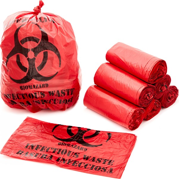 No Leak, Hospital Grade Biohazard Waste Bags 100 Pk. 10 Gallon, 24" Red Trash Liner With Hazard Symbol For Infectious Waste Disposal. Best Small Lab Can Liners for Labeling Biohazardous Trash Safely