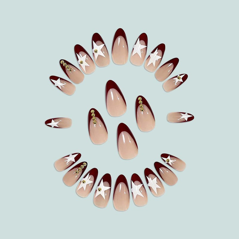 Red French Tip False Nails - 24pcs Medium Almond False