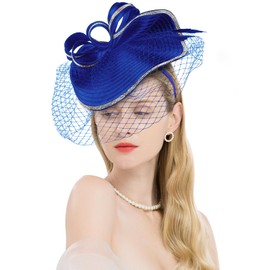ELLYDOOR Tea Party Fascinator Hat for Women Veil Kentucky Headwear Wedding Derby Church Pillbox Hat Royal Blue