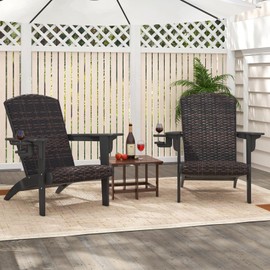 Tangkula Patio Wicker Adirondack Chair, HDPE Lounge Chair w/Rattan Padded Seat & Back, Wide Armrests & Hidden Cupholder, Outdoor All-Weather Adirondack Fire Pit Chair for Backyard, Lawn (1, Black)
