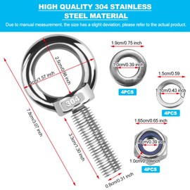 4 PCS Hardware Eye Nut 304 Stainless Steel Hardware Eye Bolt Welded Closed Eye Bolt Screws Lifting Ring with Lock Nut, Spring Washer, Flat Washer for Various Engineering Lifting Equipment(M10)