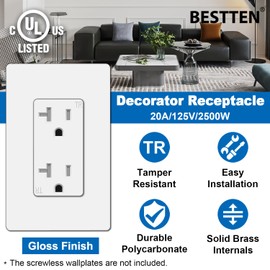 BESTTEN 20 Amp Decorator Wall Receptacle Outlet, Tamper-Resistant, 20A/125V/2500W, Residential & Commercial Use, UL Listed, 10 Pack, White