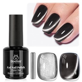 Beetles Glass Cat Eye Gel Polish, 15ML Black Cat Eye Holographic Glitter Gel Polish with Magnet Shimmer Translucent Sheer Color Soak Off UV Midnight Sands Series French Nail Art Dsign Gift for Women