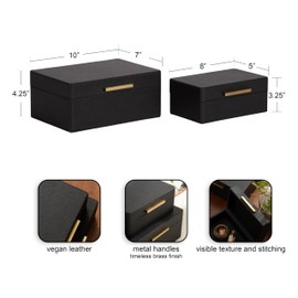 Kate and Laurel Namina Decorative Vegan Leather Storage Box Set of 2; 8 x 5 and 10 x 7; Black and Brass; Modern Glam Two-Piece Box Set with Handles for Use as Jewelry Boxes or Perfume Organizers